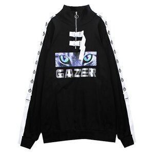 LISTEN FLAVOR Cat is Watching Half-Zip Pullover Black