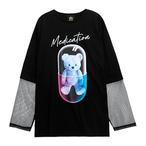 LISTEN FLAVOR Medication Bear Sheer Switching Top Black