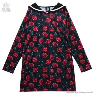 LISTEN FLAVOR Strawberries & Roses Sailor Collar Dress Black