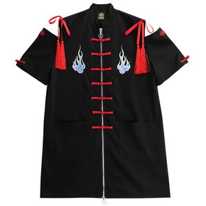 LISTEN FLAVOR Hinotama Embroidered Open Shoulder China Zip Shirt Black [Pre-order]