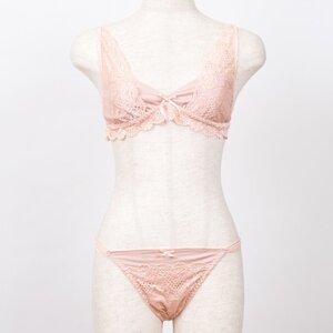 feast secret Nudie Lace Bralette & Panty Set Peach Pink x Beige