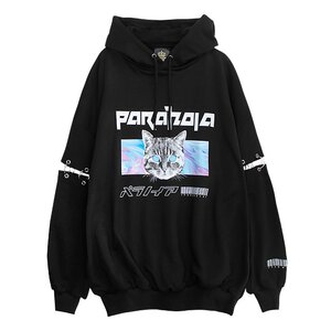 LISTEN FLAVOR Paranoia Cat Ring Sleeve Hoodie Black