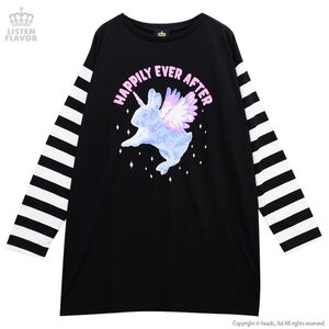 LISTEN FLAVOR Unicorn Rabbit Striped Sleeve Dress Black