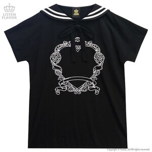 LISTEN FLAVOR Heart Flame Sailor Cutsew w/ Ribbon Black