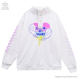 LISTEN FLAVOR Rainbow Heart Lace-Up Pullover White