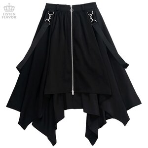 LISTEN FLAVOR Center Zip Hemline Skirt w/ Strap Black