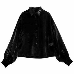 LISTEN FLAVOR Rose Embroidered Volume Sleeve See-Though Shirt Noir