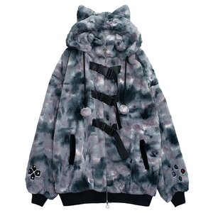 LISTEN FLAVOR Gaming Cat Ear Buckle Fur Blouson Black Marble