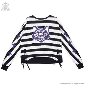 LISTEN FLAVOR Black Cat Dolman Lace-up Cutsew Striped