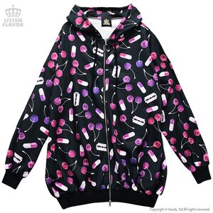 LISTEN FLAVOR Cherry Zip-Up Hoodie Black