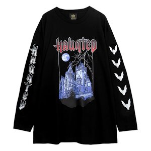 LISTEN FLAVOR Haunted Castle Long Sleeve T-Shirt Black