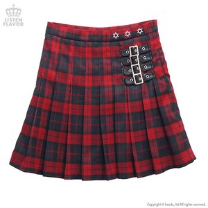LISTEN FLAVOR Pleated Plaid Skirt w/ Side Belts Red M