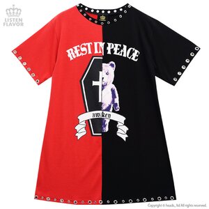 LISTEN FLAVOR Coffin Bear Eyelet Design Two-Tone Dress Red