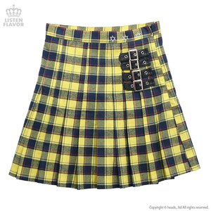 LISTEN FLAVOR Pleated Plaid Skirt w/ Side Belts Yellow M