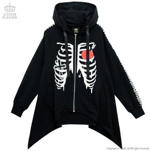 LISTEN FLAVOR Rib Cage Checkered Sleeve Wide Hemline Zip-Up Hoodie Black