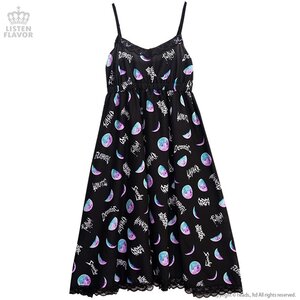 LISTEN FLAVOR Metal Moon Flared Camisole Dress Black x Emerald