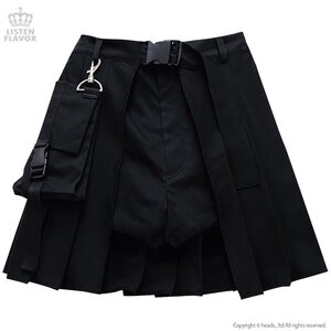 LISTEN FLAVOR Layered Pleated Flap Skirt w/ Shorts and Detachable Pocket Black