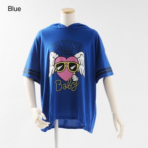 Listen Flavor Flying Heart T/R Cotton Sheeting Wide Cut Saw T-Shirt With Hood & Sleeve Lines Blue