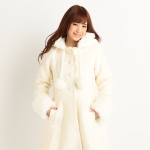 LIZ LISA Scalloped Pom Pom Coat White