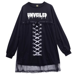 LISTEN FLAVOR Secret Veil Tulle Ribbon Cutsew Dress Black