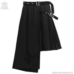 LISTEN FLAVOR Layered Style Asymmetrical Pleated Long Skirt w/ Belt Black