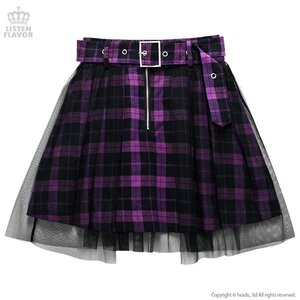 LISTEN FLAVOR Tulle Pleated Mini Skirt w/ Belt Purple Check