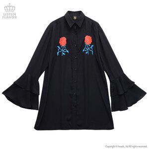 LISTEN FLAVOR Rose Embroidery Frilled Sleeve Shirt Black