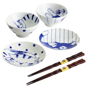 Friendly Cat Mino Ware Rice Bowl & Small Plate Set