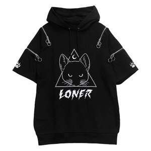LISTEN FLAVOR Mystery Cat Zip Design Hoodie Black