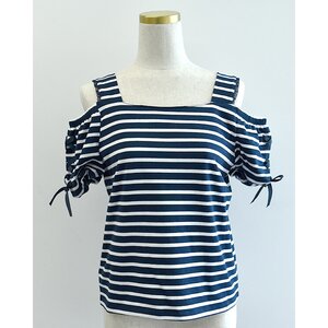 LIZ LISA Striped Off-Shoulder T-Shirt Navy