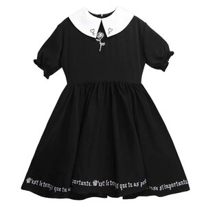 LISTEN FLAVOR Rose & Ankh Embroidered Gathered Dress White Collar