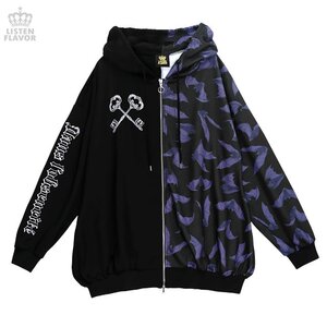 LISTEN FLAVOR Bat Double Zipper Hoodie Black x Purple