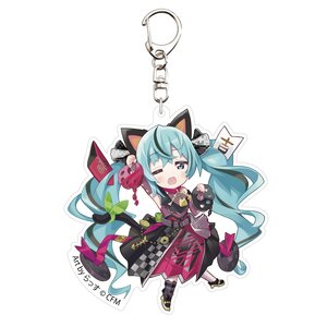 Hatsune Miku x Lucky Cat Acrylic Keychain Art by Rassu Black Cat Standing with Raised Right Hand
