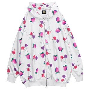 LISTEN FLAVOR Heart Cherry & Dangerous Strawberry Zip Hoodie Sugar White