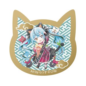 Hatsune Miku x Lucky Cat Cat-shaped Acrylic Magnet Art by Rassu Black Cat Standing with Raised Left Hand Crepe