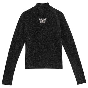 LISTEN FLAVOR Butterfly Embroidered Glitter Top Black