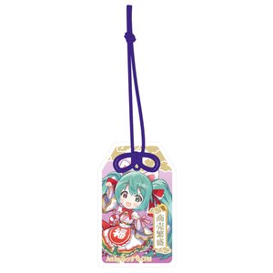 Hatsune Miku x Lucky Cat Good-Luck Charm Style Acrylic Keychain Art by Rassu White Cat Standing with Raised Right Hand