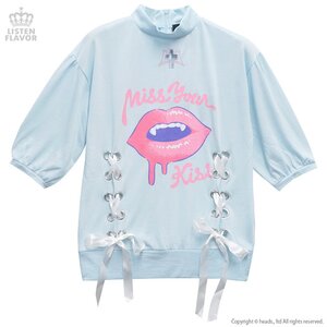 LISTEN FLAVOR Hollow Cross Lip Lace-Up High Neck Cutsew Baby Blue