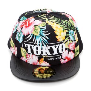 Tokyo Flower Pattern Flat Bill Hat Black