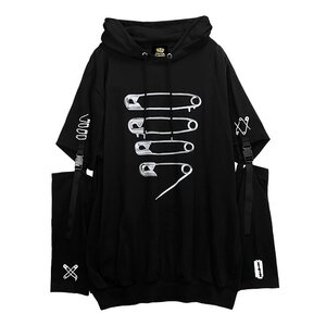 LISTEN FLAVOR Dangerous Safety Pin Separate Sleeve Hoodie Black