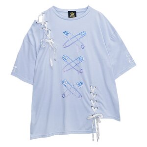 LISTEN FLAVOR Cross Safety Pin Lace-Up Asymmetrical Top Light Blue