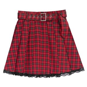 LISTEN FLAVOR Red Plaid Pleated Mini Skirt w/ Belt M