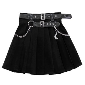 LISTEN FLAVOR Chain Belt Pleated Skirt Black