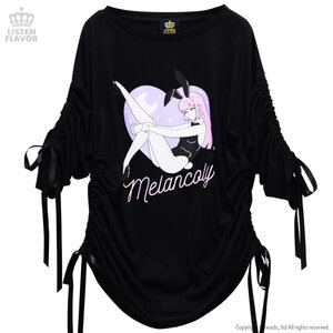 LISTEN FLAVOR Melancholy Bunny Girl Shirred Top Black