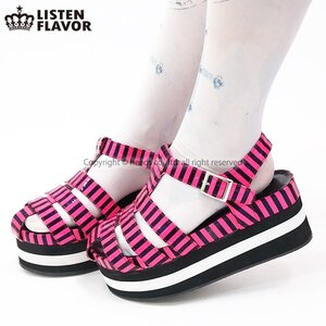 LISTEN FLAVOR Lined Belt Platform Sandals Striped Pink L