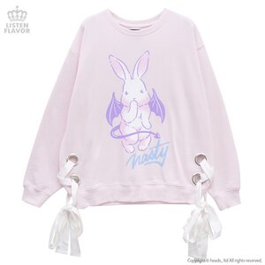 LISTEN FLAVOR Evil Bunny Lace-Up Ribbon Sweatshirt Baby Pink