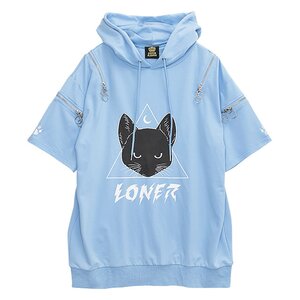 LISTEN FLAVOR Mystery Cat Zip Design Hoodie Light Blue