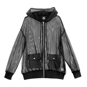 LISTEN FLAVOR Mesh See-Though Zip Hoodie Black
