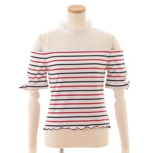 LIZ LISA Open Shoulder Lace Striped Top Red