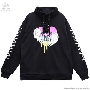 LISTEN FLAVOR Rainbow Heart Lace-Up Pullover Black